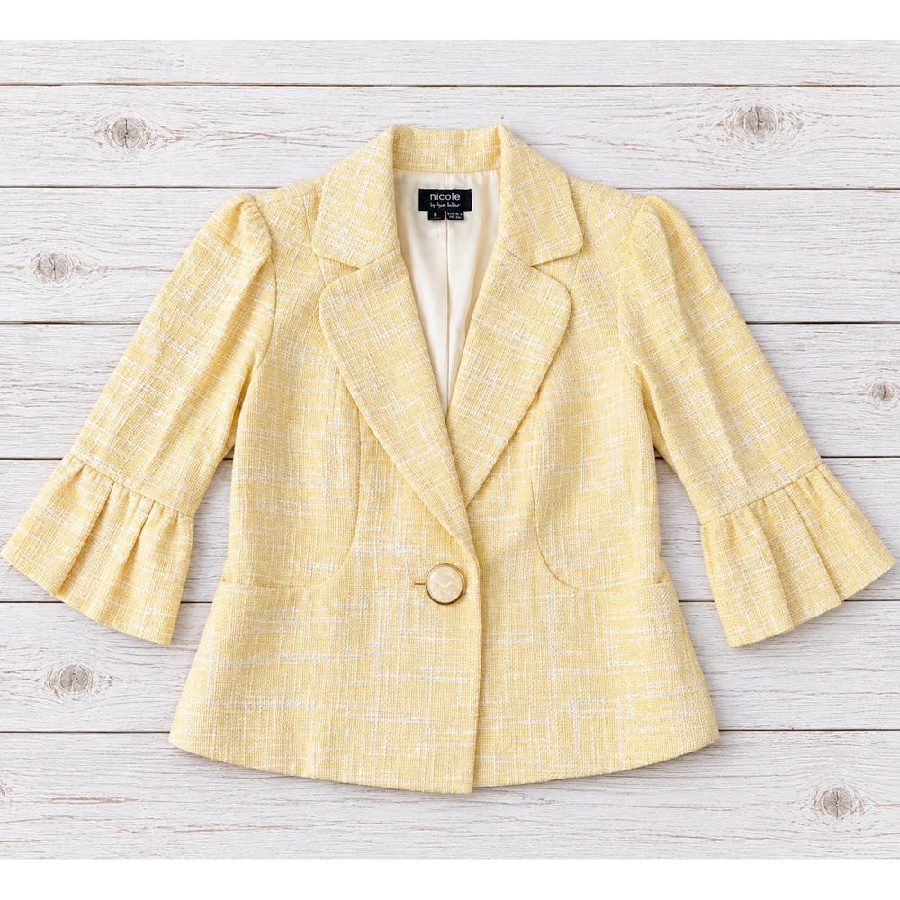 Nicole by Nicole Miller Yellow Tweed Blazer Bell Sleeve Textured Jacket Size 6